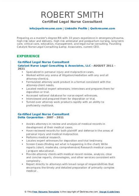 Certified Legal Nurse Consultant Resume Samples Qwikresume