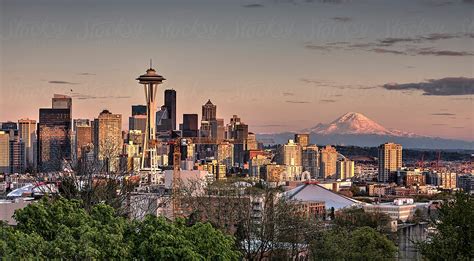 "Seattle Skyline At Sunset With Mount Rainier In The Background" by ...