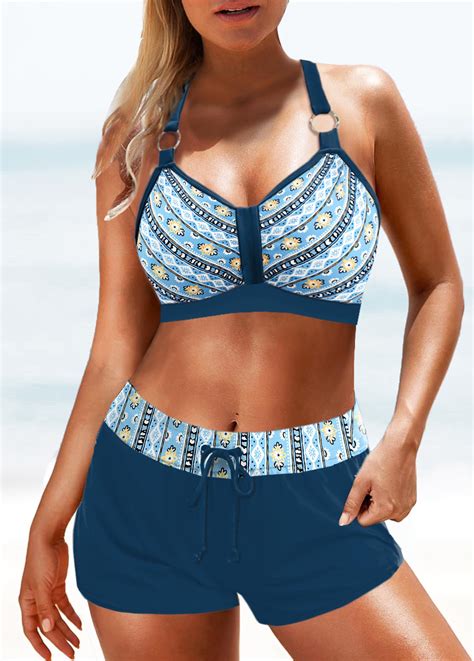 ROTITA Metal Ring Peacock Blue Geometric Print Bikini Top Rotita