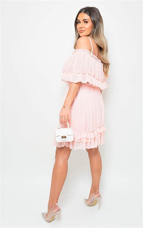 Phoebe Off Shoulder Strap Ruffle Mini Dress In Pink Ikrush