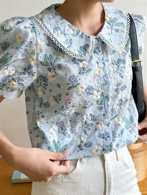 DAZY Floral Embroidery Peter Pan Collar Puff Sleeve Shirt Fashion