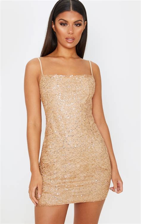 Rose Gold Strappy Sequin Glitter Detail Bodycon Dress