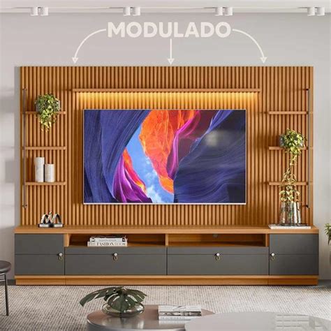 Estante Home Ripado Modulado Para Tv Até 75 Polegadas Nature Chumbo