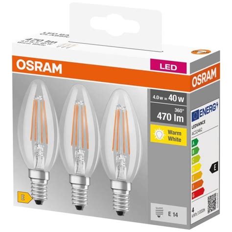 OSRAM Lot de 3 Ampoules LED E14 flamme claire 4 W équivalent à 40 W