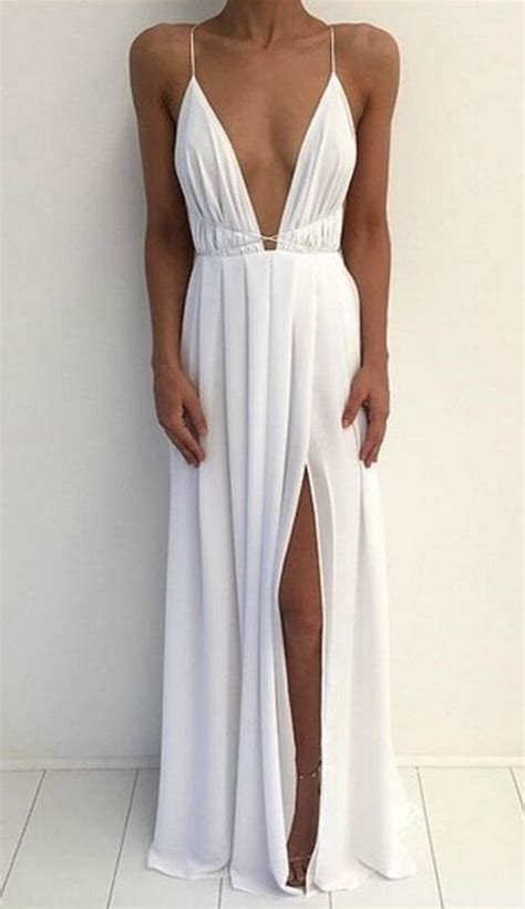 Floor Length White Chiffon Deep V Neck Side Slit Long PromDress Prom