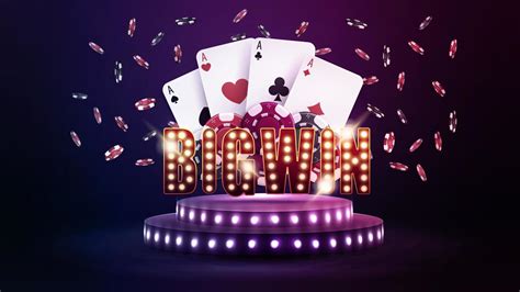 Sign Big win with playing cards and falling chips on podium with bulbs ...