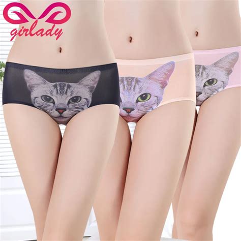 Girlady 3d Print Cat Briefs Women Lovely Panties Soft Cozy Underwear Female Mid Rise Spandex