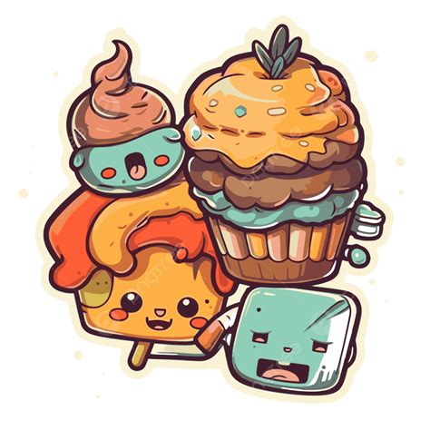 Linda Pegatina De Cupcakes Y Personajes De Cupcakes De Personajes De Dibujos Animados Kawaii