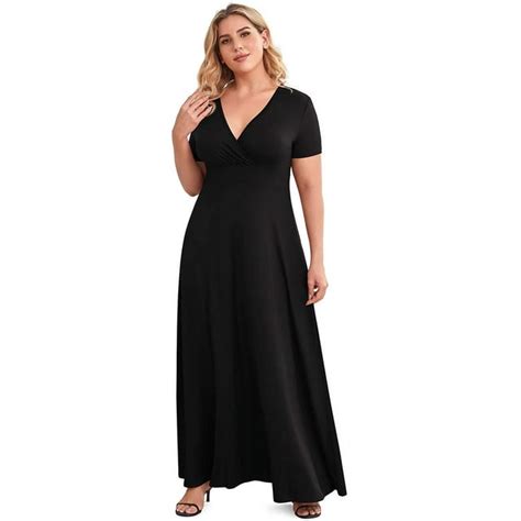 Yvh Womens Plus Size Dress Solid V Neck Short Sleeve Plus Size Evening