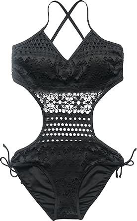 RUUHEE Women Bikini Swimsuit One Piece Sexy Lace Halter Padded Push Up L US Size Black