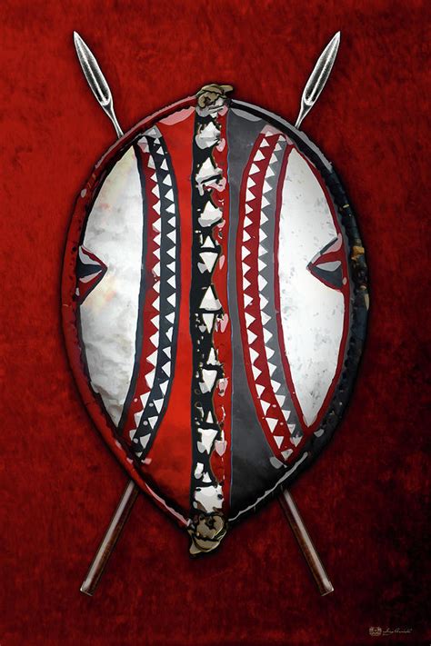 Maasai War Shield With Spears On Red Velvet Digital Art By Serge Averbukh