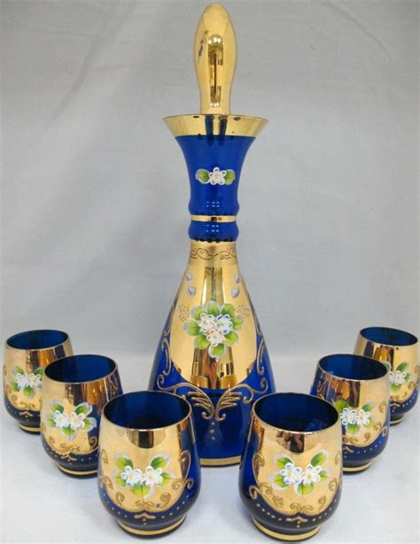 Bohemian Cobalt Hand Painted Glass Decanter Set With 6 Cordials Glass Decanter Set Glass