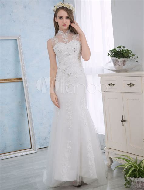 Ivory Wedding Dresses Lace Applique Mermaid Bridal Dress Beading Stand Collar Open Back Wedding