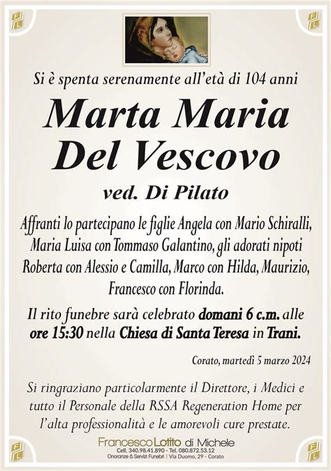 Marta Maria DEL VESCOVO Ved DI PILATO Corato Necrologi Web