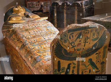 A decorative outer coffin with hieroglyphics on display at the National ...