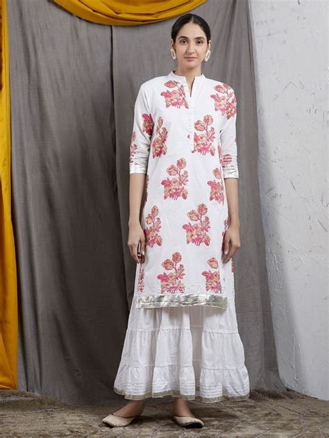 Buy White Hand Block Printed Cotton Kurta With Pink Gota Pants Set Of