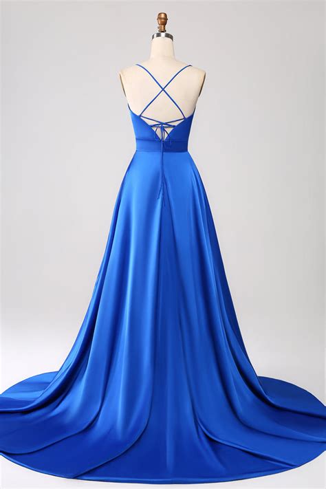 Hellymoon Women Satin Royal Blue Prom Dress With Slit A Line Spaghetti