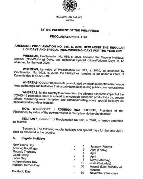 LOOK: Malacañang released list of holidays for FY 2021, declaring — GABOTAF