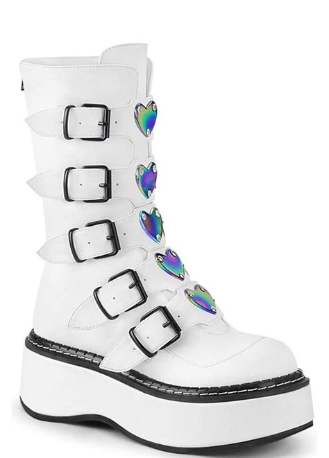 Demonia Emily 330 White Heart Buckle Boot Attitude Clothing