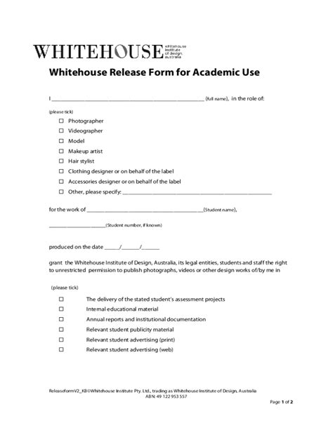 Fillable Online Whitehouse Release Form For Academic Use Fax Email