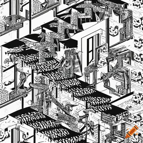 Escher style art with staircases in brass instruments and people walking throughout