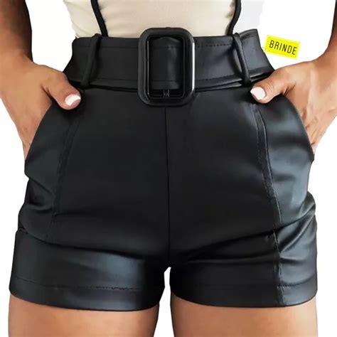 Short Couro Fake Fivela Cirre Moda Cintura Alta Feminino Frete grátis