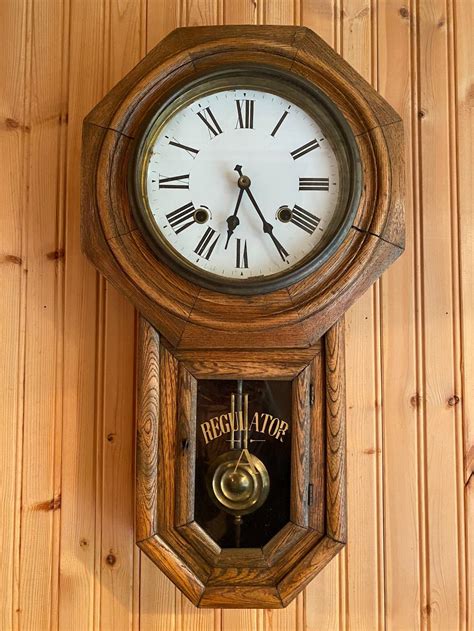 At Auction Antique Oak Regulator Wall Clock Working 22 X 12 In 559 X 305 Cm