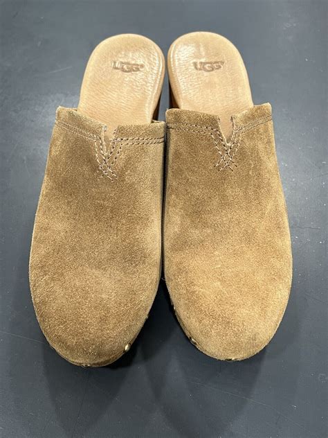 Ugg Sheepskin Suede Wood Heel Mule Slip On Clog Shoe Gem