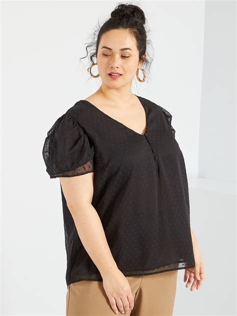 Blusa De Plumeti Con Cuello De Pico Negro Kiabi