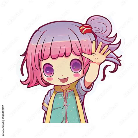 Anime girl saying hi and waving hand to greet person with smile face ...