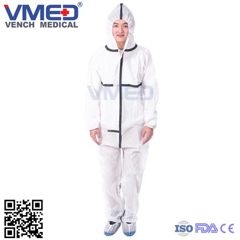 Disposable Type Sms White Coverall With Black Adhesive Strip