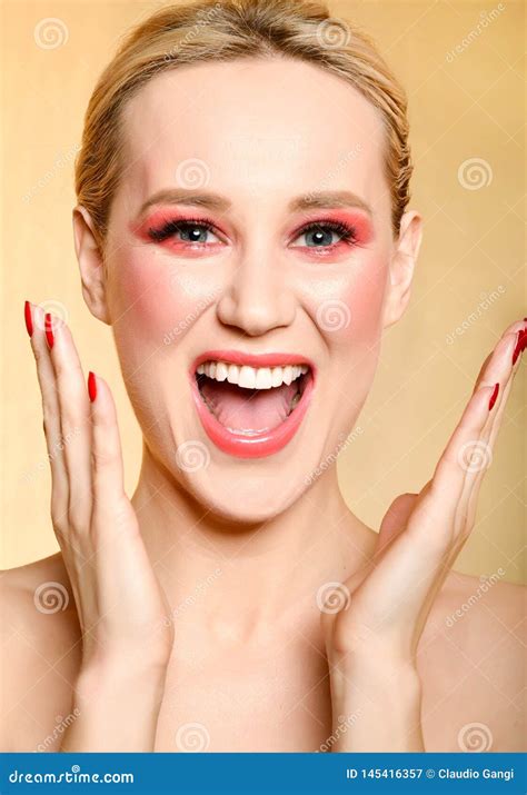 Beautiful Girl Portrait With Coral Color Makeup Stock Image Image Of