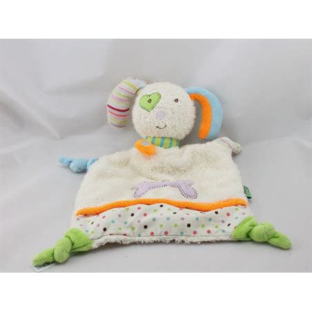 Doudou Plat Chien Blanc Bleu Orange Vert Os HARMONY FEHN