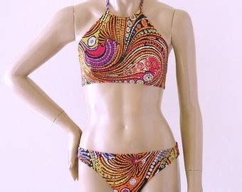 High Neck Halter Bikini Top And Full Coverage Bikini Bottom Etsy