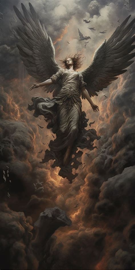 A Painting Of An Angel Flying Through A Cloudy Sky Dark Art