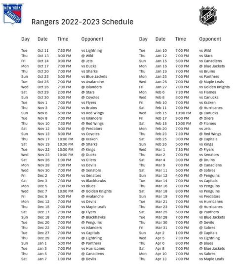 New York Rangers Season Schedule New York Rangers Schedule