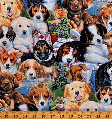 Cotton Garden Puppies Puppy Dogs Pets Animals Flowers Cotton Fabric