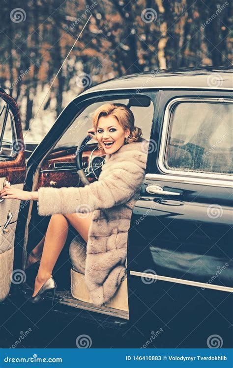 Woman In Fur Coat Woman Drines Retro Car Stock Image Image Of