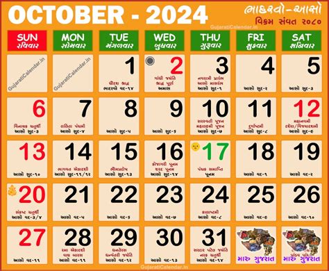 Gujarati Calendar October Vikram Samvat Bhadarvo Aaso