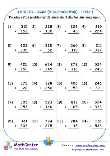 3 Dígito Suma Sin Reagrupar Hoja 1 Hojas de trabajo Math Center