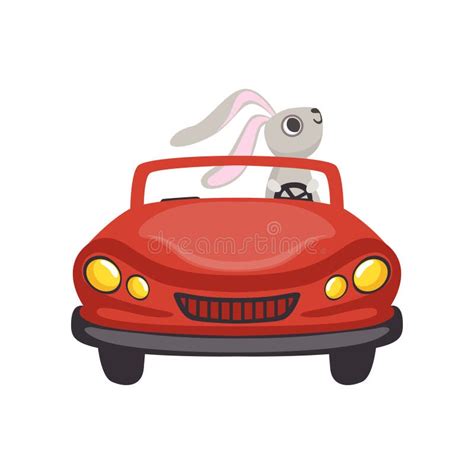 Cute Little Bunny Driving Vintage Red Car Funny Rabbit Character