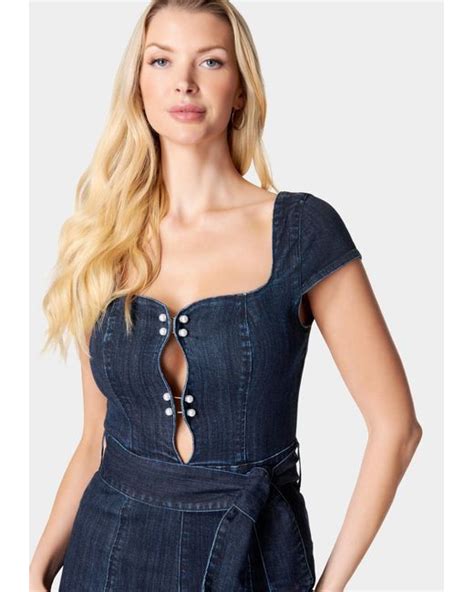 Bebe Wide Leg Pearl Detail Denim Jumpsuit In Blue Lyst