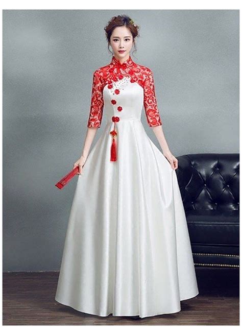 Red Lace Sleeve White Satin Aline Mandarin Collar Wedding Dress