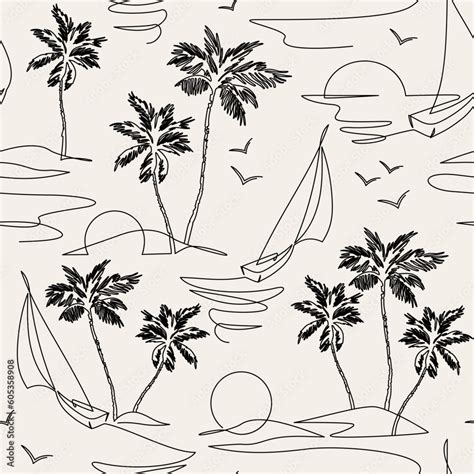 One line drawing tropical oasis island seamless pattern. Stock Vector ...