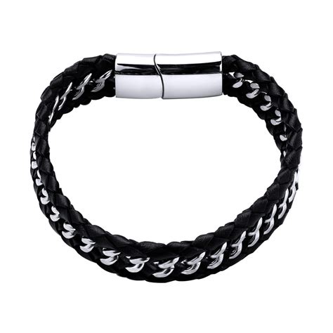 PULSEIRA MASCULINA AÇO COURO TRANÇADO Preto