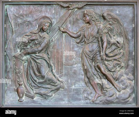 NAPLES ITALY APRIL 22 2023 The Bronze Relief Of Annunciation On