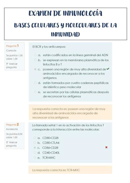 Examen de Inmunología Bases celulares y Moleculares de la Inmunidad