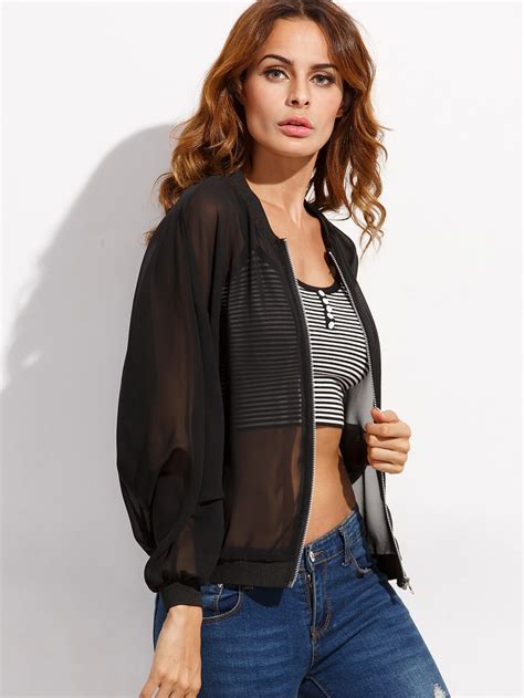 Black Sheer Chiffon Bomber Jacket Emmacloth Women Fast Fashion Online