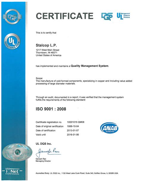 Iso Certificate Stalcop Metal Forming Llc