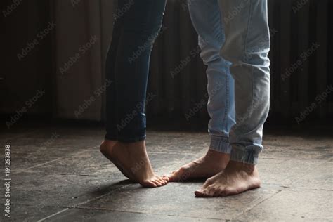 Barefoot Girl Standing On Tiptoe To Hug Her Man At Home Sweet Cute